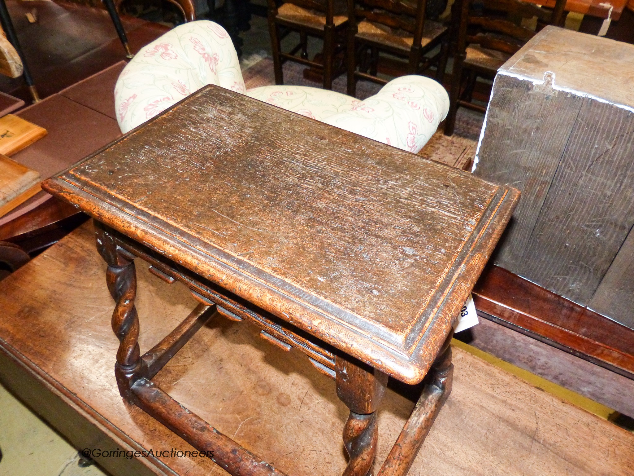 A late 19th / early 20th century oak joint stool on spiral-turned legs, width 46cm, depth 32cm, height 46cm